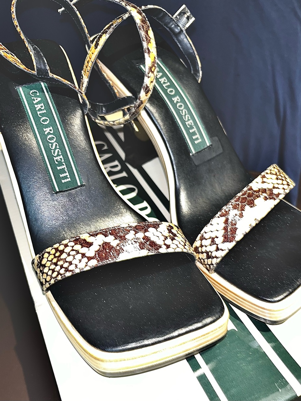 Brown & Cream Snake-Print Leather Block Heel Sandals size 7 (Carlo Rossetti)